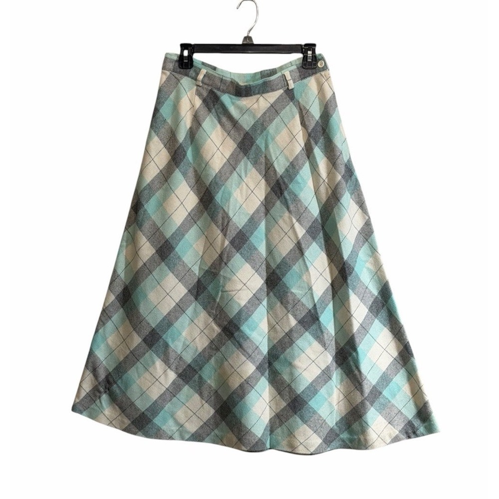 Vintage Wool Blend Midi Skirt Tartan Plaid A-Line Grey Turquoise Sz 14 Academia